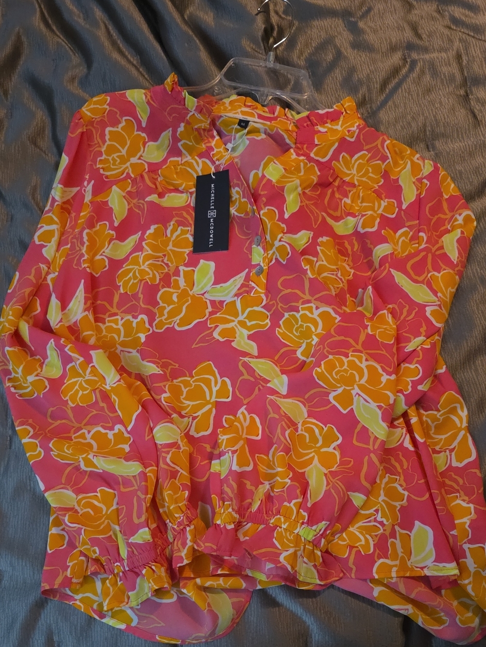 Coral Pink Floral Ruffle-Neck Blouse